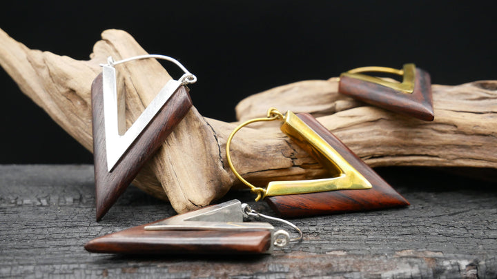 Ohrringe aus Holz und Messing, Silber - JJ-2