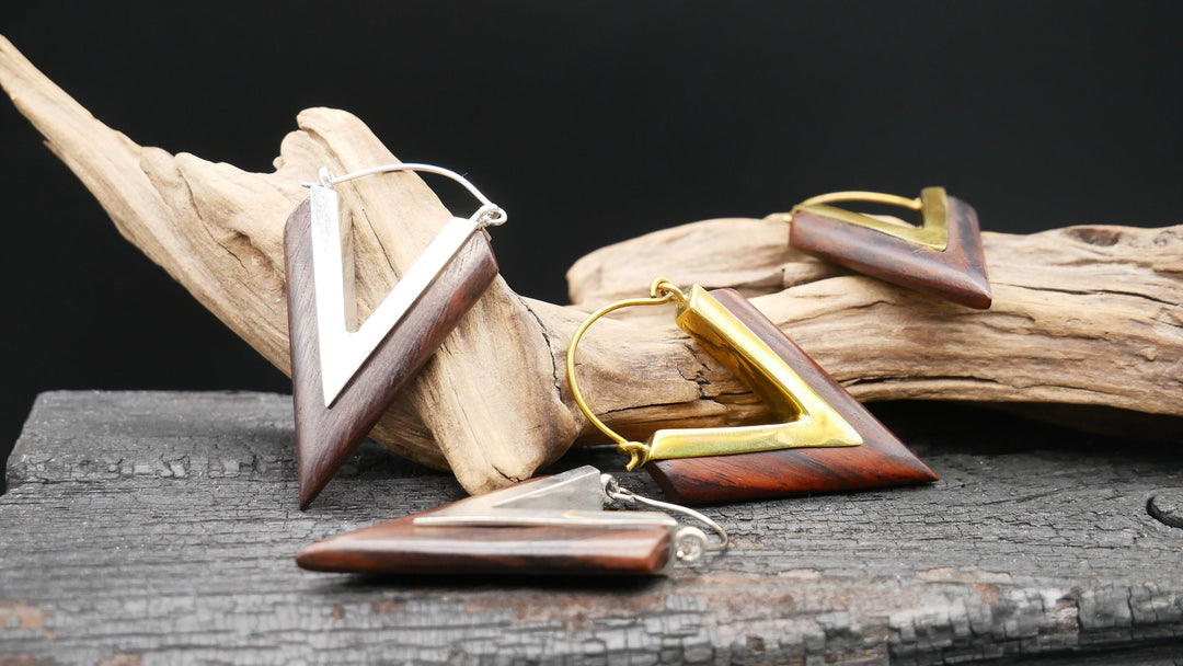 Ohrringe aus Holz und Messing, Silber - JJ-2