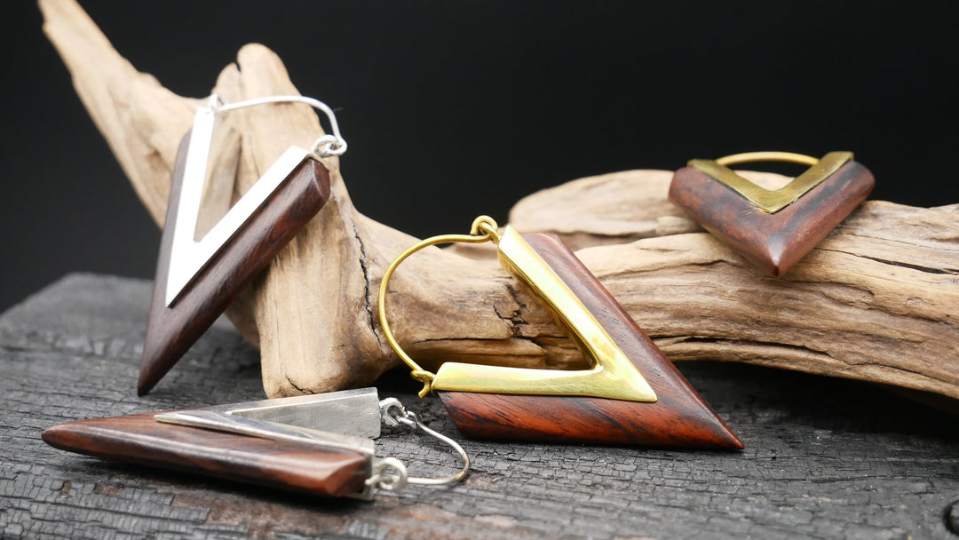 Ohrringe aus Holz und Messing, Silber - JJ-2