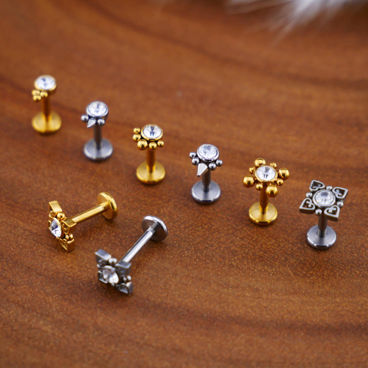 Push-Fit Piercing Labret aus Chirurgenstahl Clear Zirkon- 1P/13